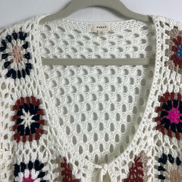 Debut Large Cream Crochet Knit Colorful Patchwork Open Sweater Bohemian Prairie - Picture 4 of 10